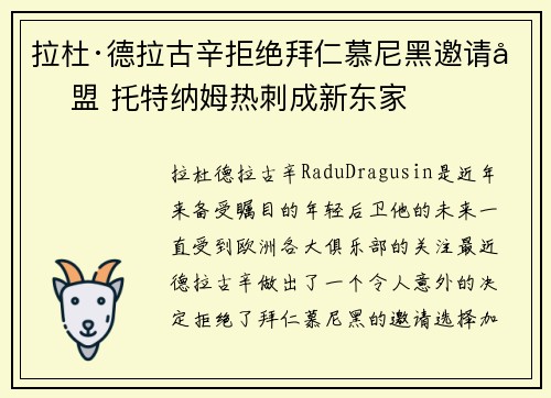 拉杜·德拉古辛拒绝拜仁慕尼黑邀请加盟 托特纳姆热刺成新东家
