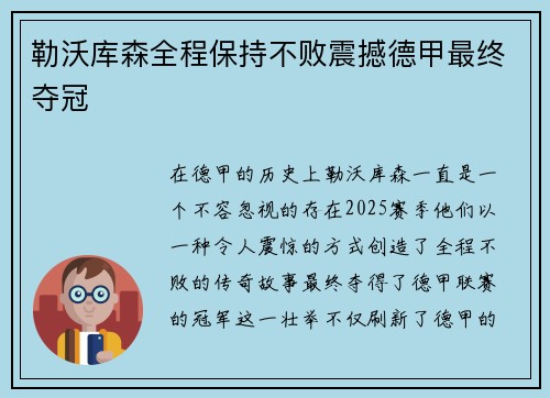 勒沃库森全程保持不败震撼德甲最终夺冠 勒沃库森全程保持不败震撼德甲最终夺冠